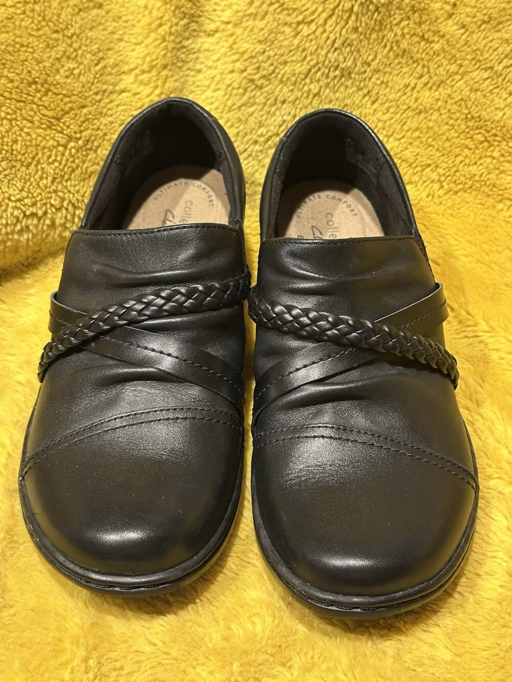 Clark's Cora Black Braided Leather Loafers Womens Size 7W Walking Casual Travel